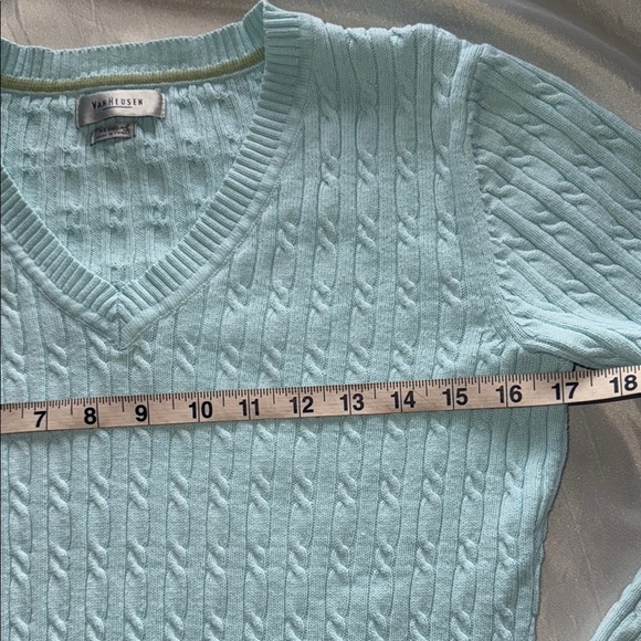 Van Heusen Light Blue Classic Cable Knit Sweater Cotton Ribbed V-Neck Cuffs Hem - Picture 7 of 13